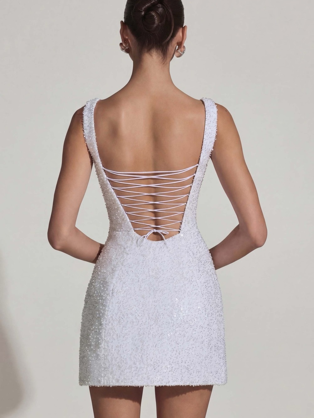 Oh Polly Dominique Embellished Structured A-Line Mini Dress in White - Picture 8 of 13